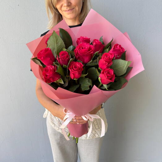 Малиновые розы 11 шт, букет размера XS (185)