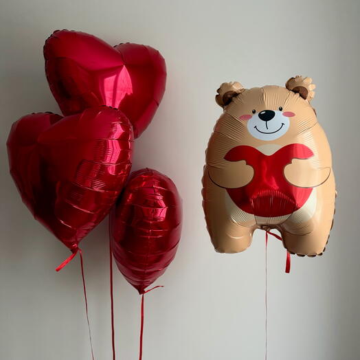 Воздушные шары для девушки | Набор воздушных шаров на день влюбленных | шары с мишкой | красные сердца на 14 февраля