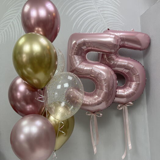 Цифры 55+фонтан из 7 шаров с гелием