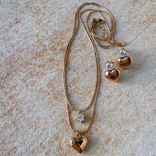 Комплект украшений, цепочка с кулоном сердце с кубическим цирконием