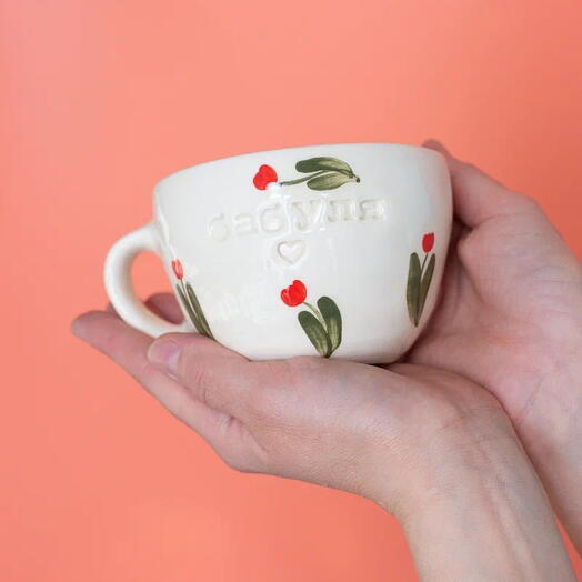 Ceramic tea pair "Granny" with handmade tulips