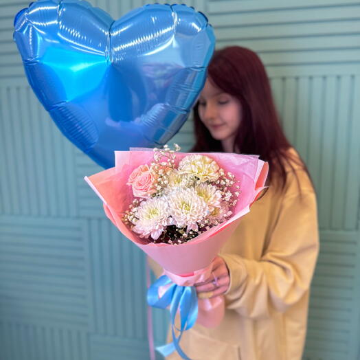 Подарочный набор: букет и шар сердце 💙