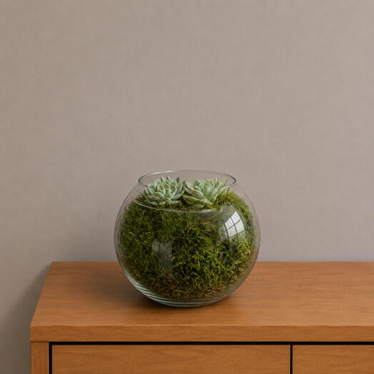 Echeveria Arrangement in Moss and a Glass Vase