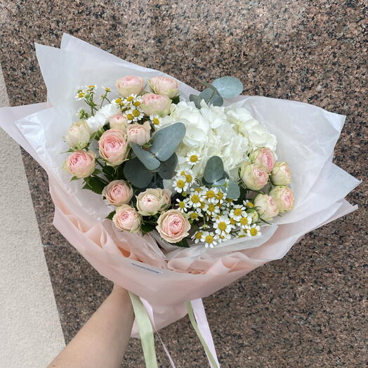 Букет Летняя нежность, Bloom room😍🌸 кустовая роза, гортензия, танацетум