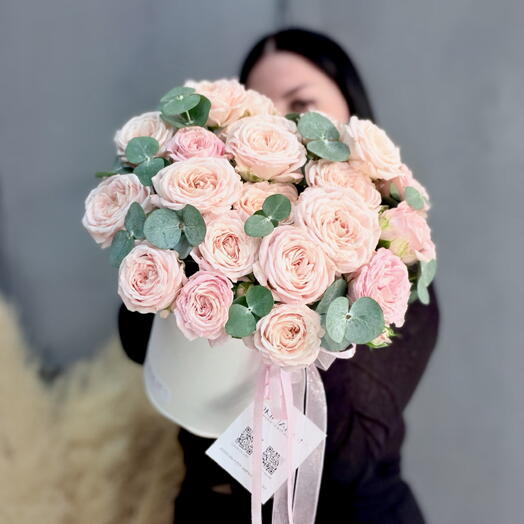 Flowers in a box: peony rose with eucalyptus