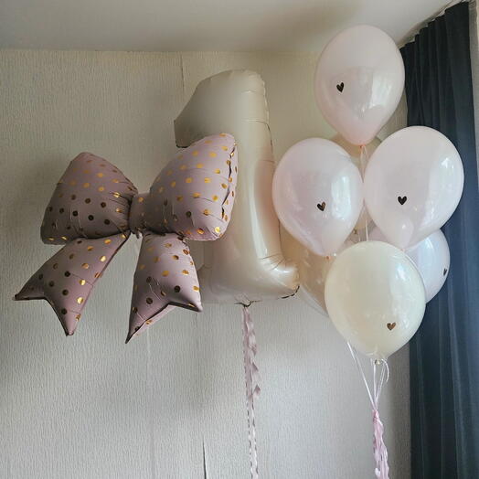 Кремовые и розовые нежные шары и шарики на 1год девочке, дочке,малышке и бант в горошек-9шаров