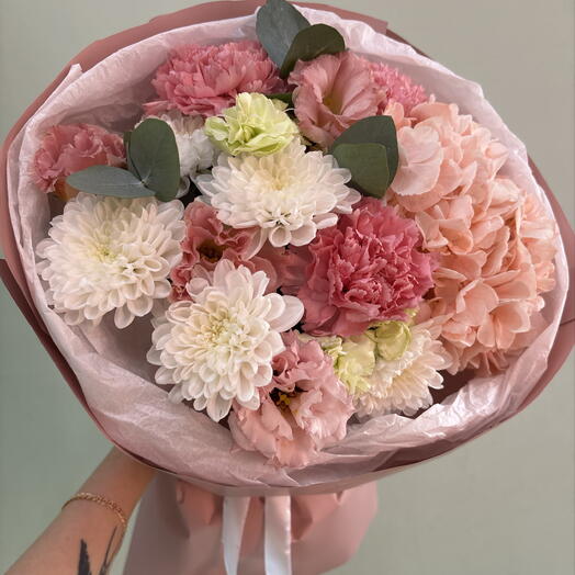 Букет из розовой гортензии/диантуса/эустомы/хризантемы🌸😍