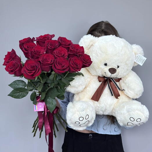 Мягкая игрушка и 15 премиум красных роз