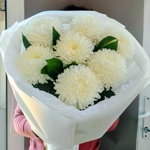 Букет из 7 белых хризантем с рускусом