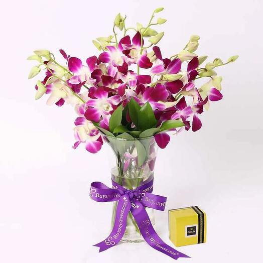 10 Purple Orchid in Vase and Deluxe Patchi Chocolates