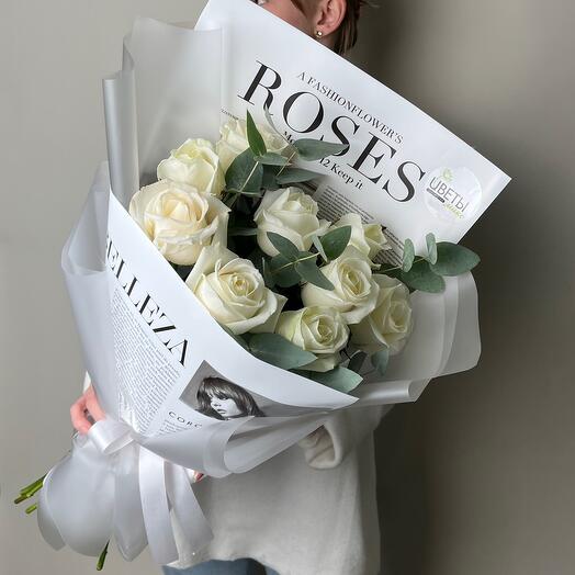 White roses with eucalyptus