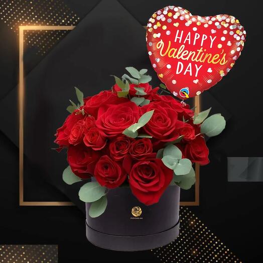 Red Roses Box with Valentine Foil Balloon