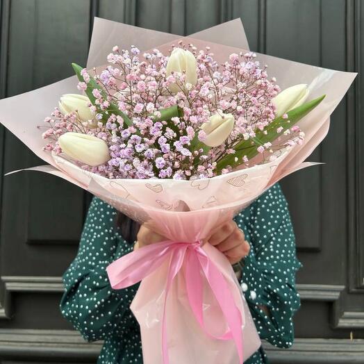 Розовая гипсофила и белые тюльпаны. Арт.10553