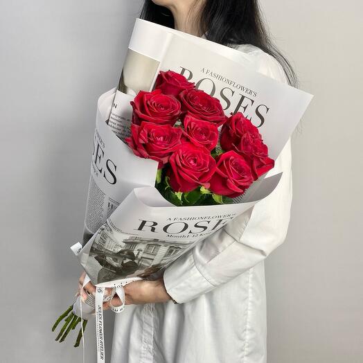 9 красных роз 60см