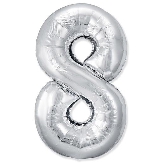 Фольгированный воздушный гелиевый шар цифра 8 серебро 102 см (40 дюймов) для украшения праздника и дня рождения