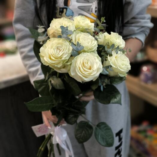 White roses with eucalyptus