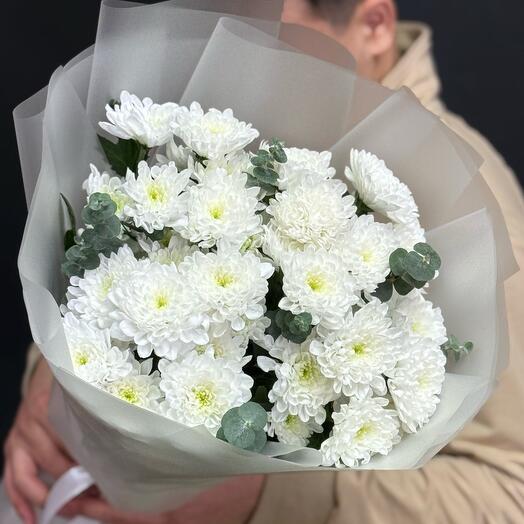 Bouquet of White nights of chrysanthemums and eucalyptus