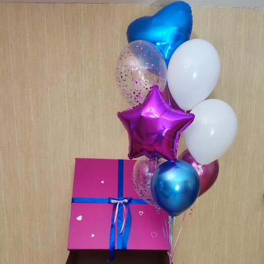 Коробка-сюприз с шарами фуксия с синим хромом
