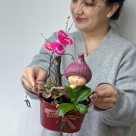 Мини садик с  каланхое,  Фиттонией,  фигуркой и декором в красном металлическом кашпо