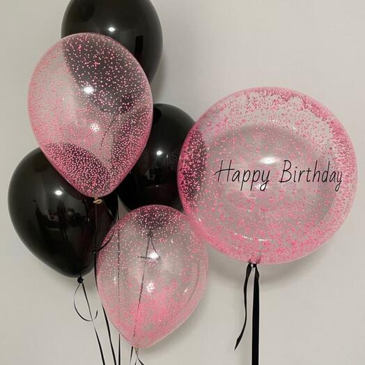 Набор шаров с надписью "Happy birthday" в черно-розовых цветах
