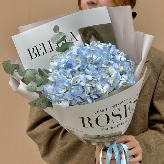 Mono bouquet of blue hydrangeas with eucalyptus