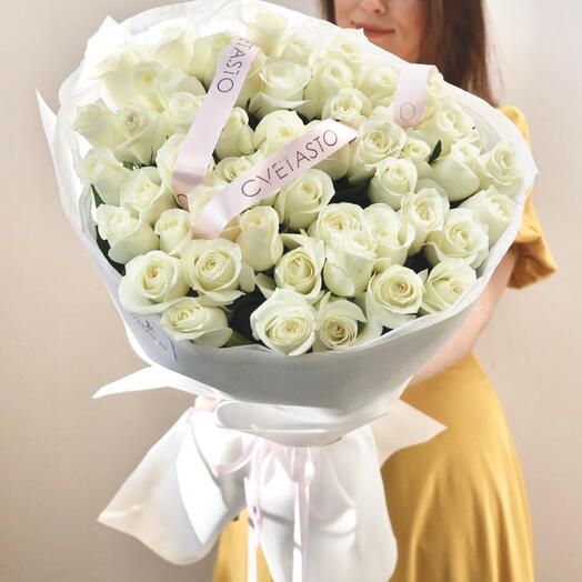 Snow-white bouquet of 51 roses