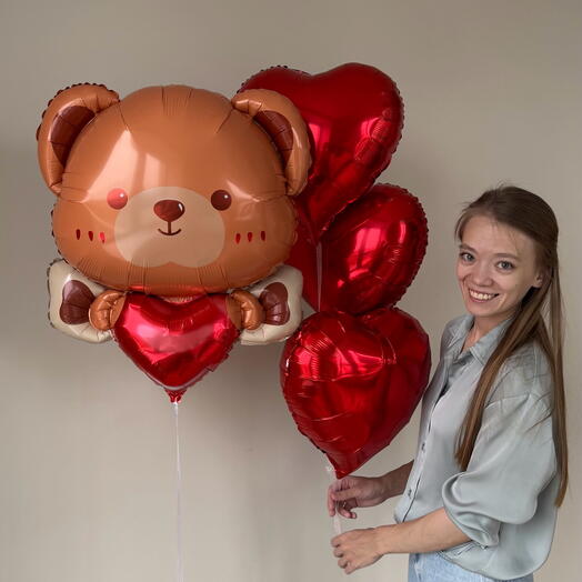 Воздушный шар мишка и 3 воздушных красных сердца сюрприз для девушки, девочки, мамы, коллеги