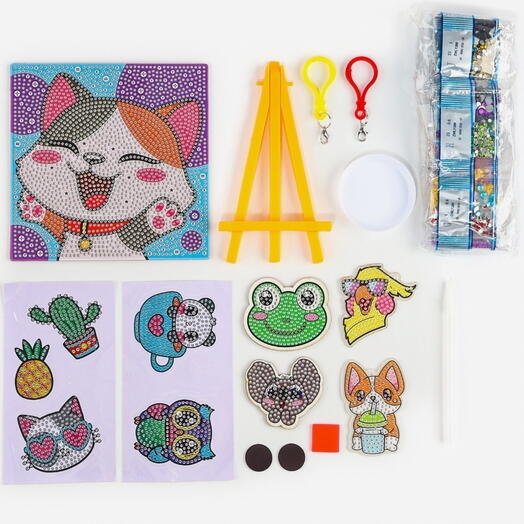 Алмазная мозаика 4в1 для детей. Создание стикеров, магнитов, брелоков и картины «Милые животные», набор для творчества