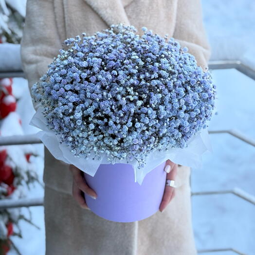 Гипсофила в шляпной коробке с напоминанием, что она любима💙 | цветы с доставкой Уфа