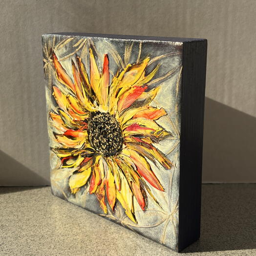 Подсолнух — мини картина маслом на деревянной панели, оригинальный подарок