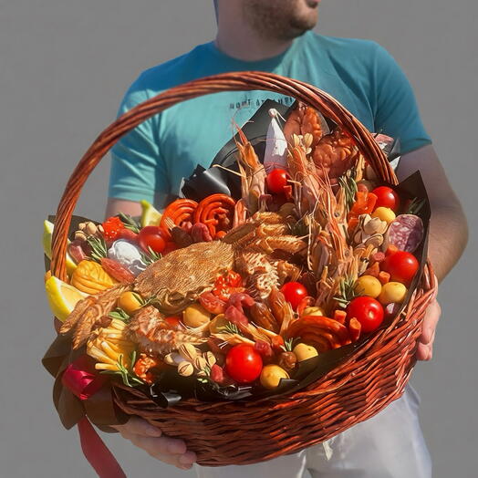 Корзина с закусками и морепродуктами