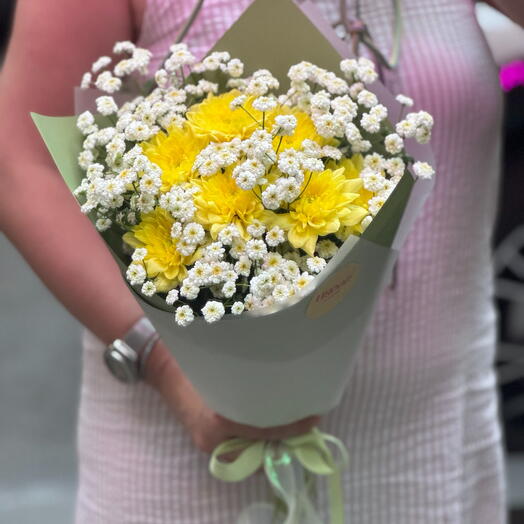 Bright Yellow Chrysanthemum Bouquet with White Flowers