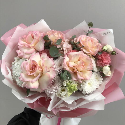 🩷Пышный авторский букет Bloom Room гортензия, французская Роза, Эустома, диантус