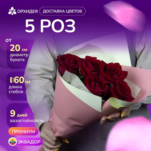 5 Роз красных 60см