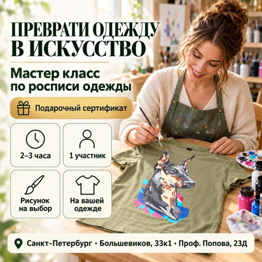Подарочный сертификат «Мастер класс по росписи одежды» (2 - 3 часа, 1 человек в составе группы)