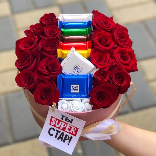 Roses in a box and chocolate Ritter sport