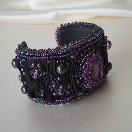 Pulsera B02 de la cinta de shibori, cuentas, cristales de Swarovski