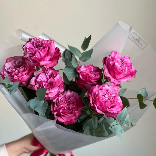 Peony-shaped roses with eucalyptus