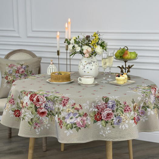 Mantel de Gobelino/Jacquard, Redondo 165 cm, Flores en Fondo Pistacho