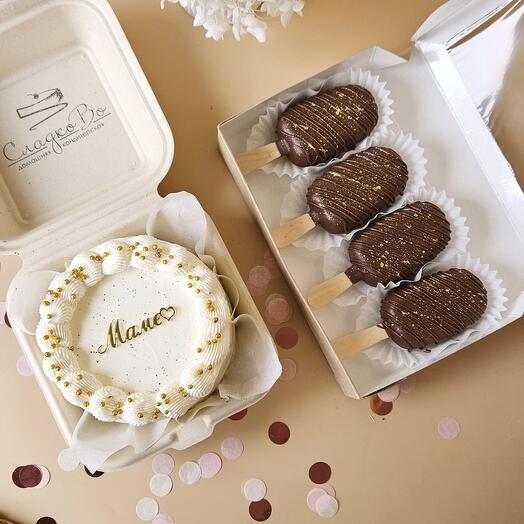 Juego de pastel de Bento con Topper de acrílico "MAME" + pastel de paletas-papas en chocolate con leche 4 piezas