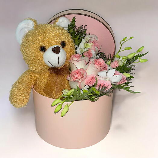 Charming Pink Rose   White Dendrobium Bouquet with Teddy Bear in Pink Round Box – Perfect Gift Set