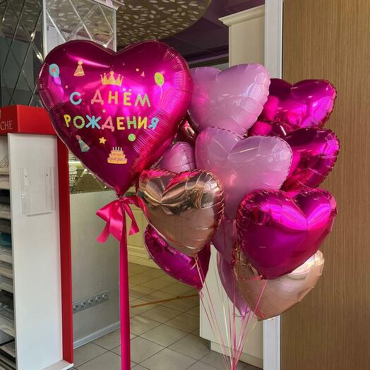 Воздушные Шарики сердца фольга "С днём рождения"