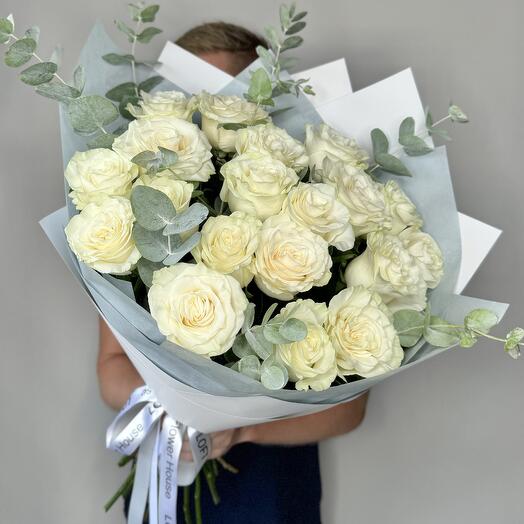 21 White Roses with Eucalyptus