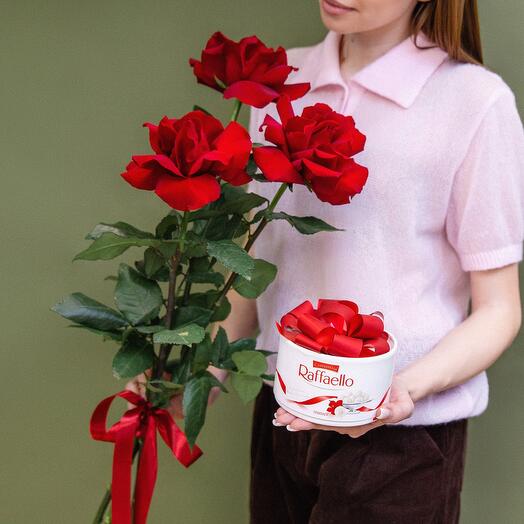 French roses with a box of Raffaello chocolates