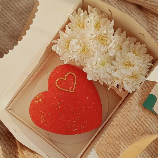 🌸Набор сладостей на День рождения | Муссовый Бенто торт "Сердце" + цветы🌸