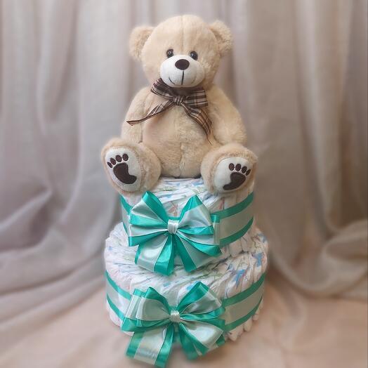 Торт из памперсов для Новорожденного Мишка с бантиком (зеленый)