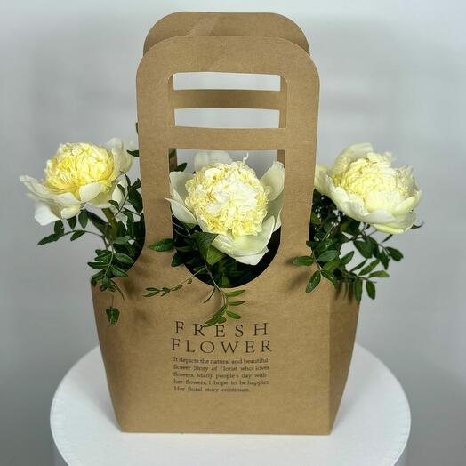 3 white peonies in a handbag