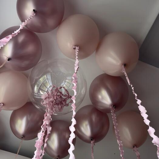 Воздушные шары для потолка: пыльная роза, бежевый, хром тёмно-розовый 🎀 + Bubble с наполнением 45 см