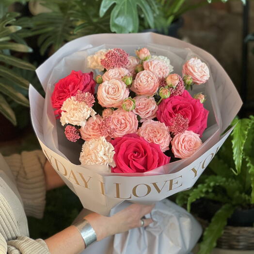 🌸Нежный букет с пион. кустовыми розами, диантусами и сухоцветами цветы подарок маме, любимой девушке, женщине, жене