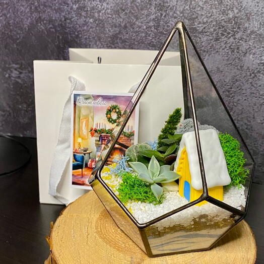 Новогодний флорариум «Капля с домиком»